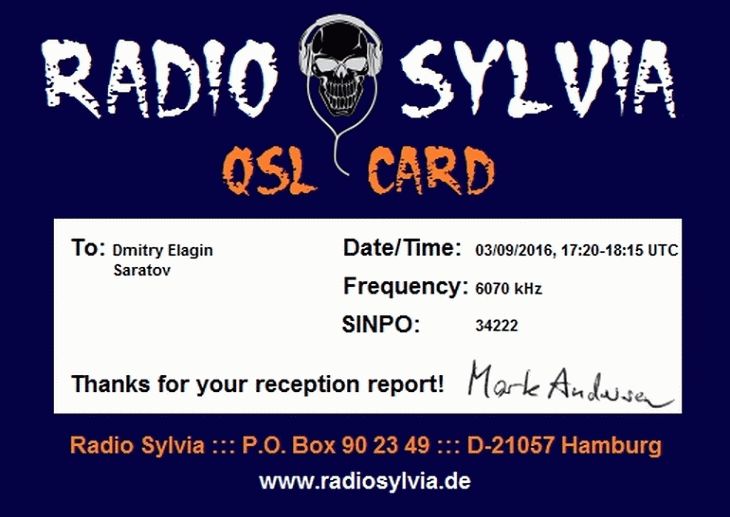 Radio Sylvia eQSL for Dmitry Elagin