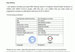 e-QSL Kossuth Radio Венгрия Март 2020 года